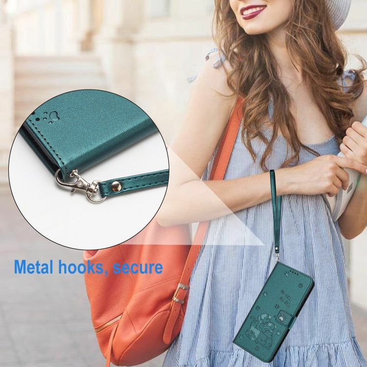 For Tecno Spark Go 2024 4G Embossed Kitten Phone Leather Case with Lanyard(Dark Green)
