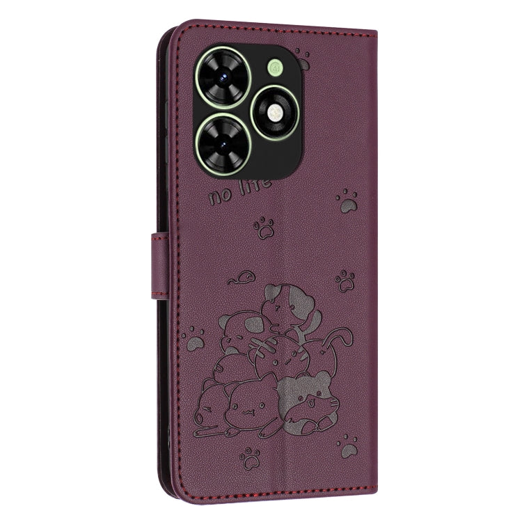 For Tecno Spark Go 2024 4G Embossed Kitten Phone Leather Case with Lanyard(Wine Red)