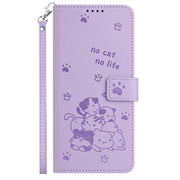 For Motorola Edge 2024 5G Embossed Kitten Phone Leather Case with Lanyard(Purple)