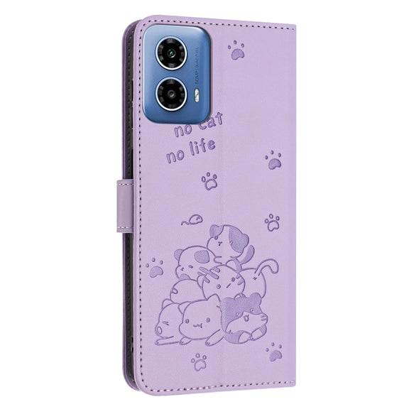 For Motorola Edge 2024 5G Embossed Kitten Phone Leather Case with Lanyard(Purple)