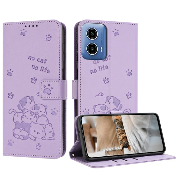 For Motorola Edge 2024 5G Embossed Kitten Phone Leather Case with Lanyard(Purple)