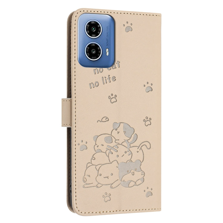 For Motorola Edge 2024 5G Embossed Kitten Phone Leather Case with Lanyard(Beige)