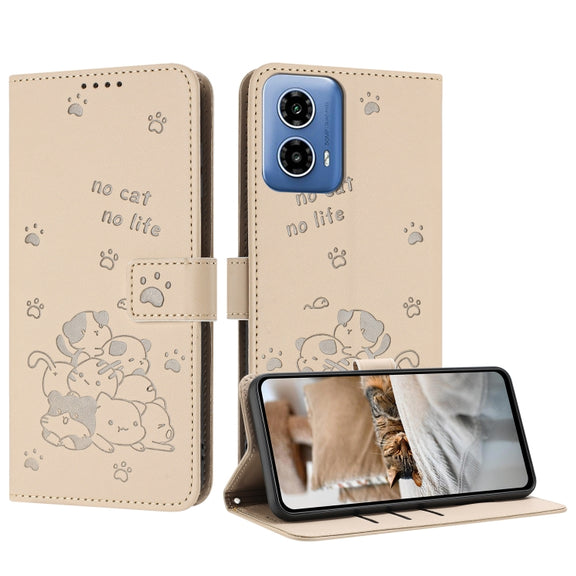 For Motorola Edge 2024 5G Embossed Kitten Phone Leather Case with Lanyard(Beige)