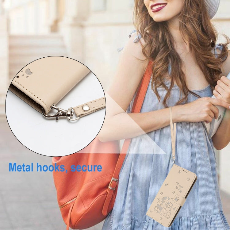 For Motorola Edge 2024 5G Embossed Kitten Phone Leather Case with Lanyard(Beige)