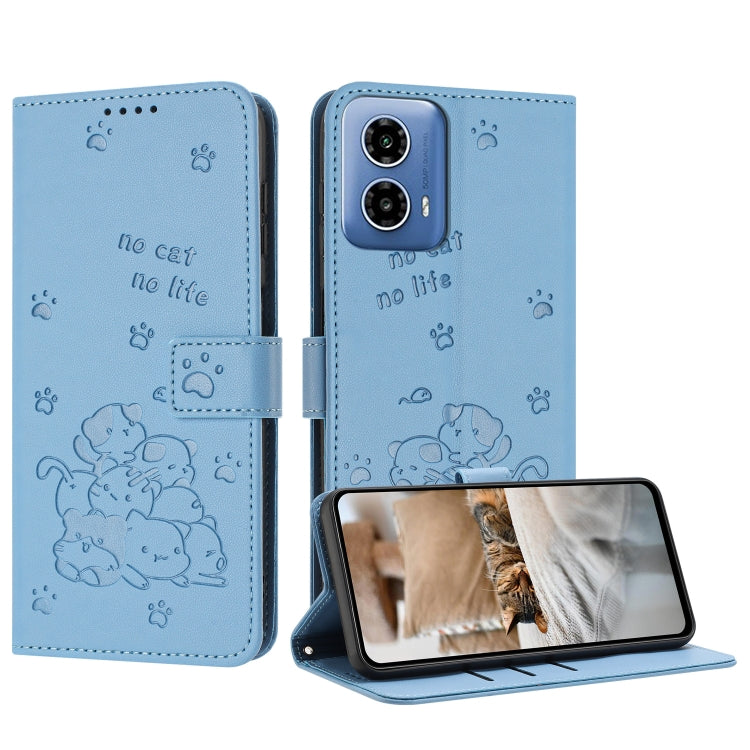 For Motorola Edge 2024 5G Embossed Kitten Phone Leather Case with Lanyard(Blue)