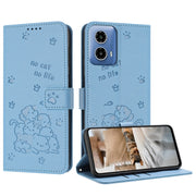 For Motorola Edge 2024 5G Embossed Kitten Phone Leather Case with Lanyard(Blue)