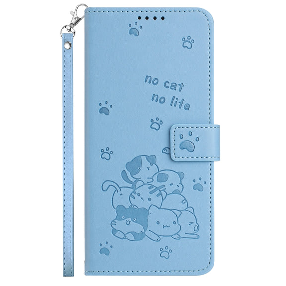 For Motorola Edge 2024 5G Embossed Kitten Phone Leather Case with Lanyard(Blue)