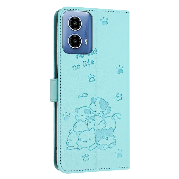 For Motorola Edge 2024 5G Embossed Kitten Phone Leather Case with Lanyard(Mint Green)