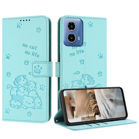 For Motorola Edge 2024 5G Embossed Kitten Phone Leather Case with Lanyard(Mint Green)