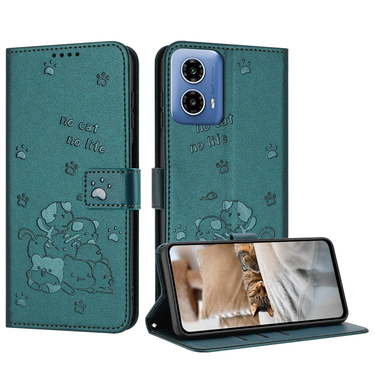 For Motorola Edge 2024 5G Embossed Kitten Phone Leather Case with Lanyard(Dark Green)