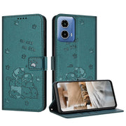 For Motorola Edge 2024 5G Embossed Kitten Phone Leather Case with Lanyard(Dark Green)