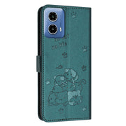 For Motorola Edge 2024 5G Embossed Kitten Phone Leather Case with Lanyard(Dark Green)