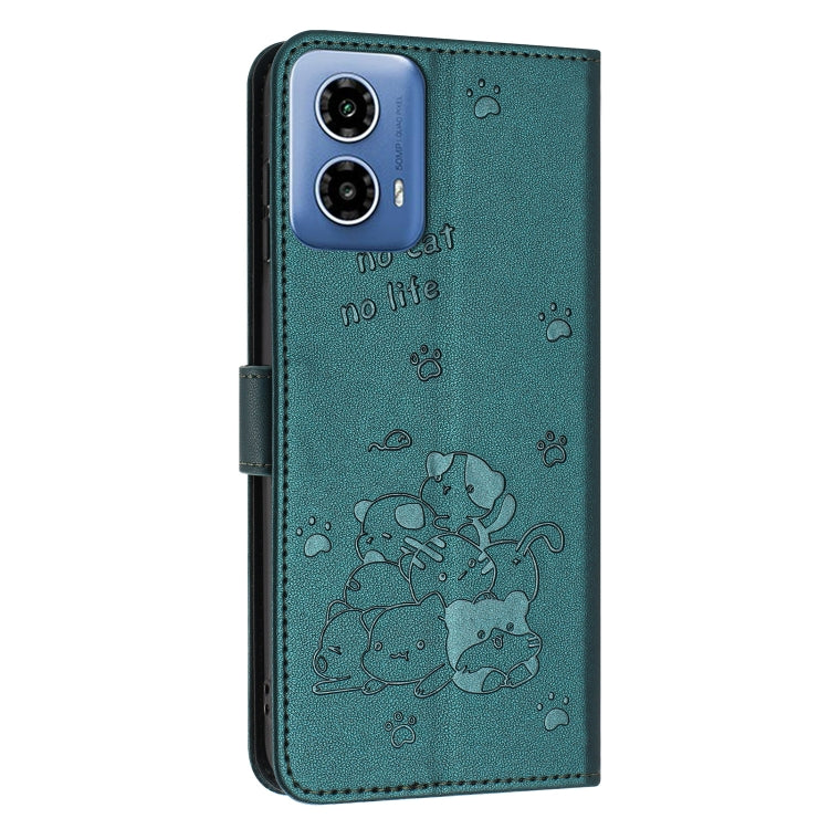 For Motorola Edge 2024 5G Embossed Kitten Phone Leather Case with Lanyard(Dark Green)