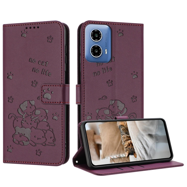 For Motorola Edge 2024 5G Embossed Kitten Phone Leather Case with Lanyard(Wine Red)
