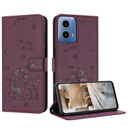 For Motorola Edge 2024 5G Embossed Kitten Phone Leather Case with Lanyard(Wine Red)