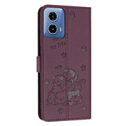 For Motorola Edge 2024 5G Embossed Kitten Phone Leather Case with Lanyard(Wine Red)