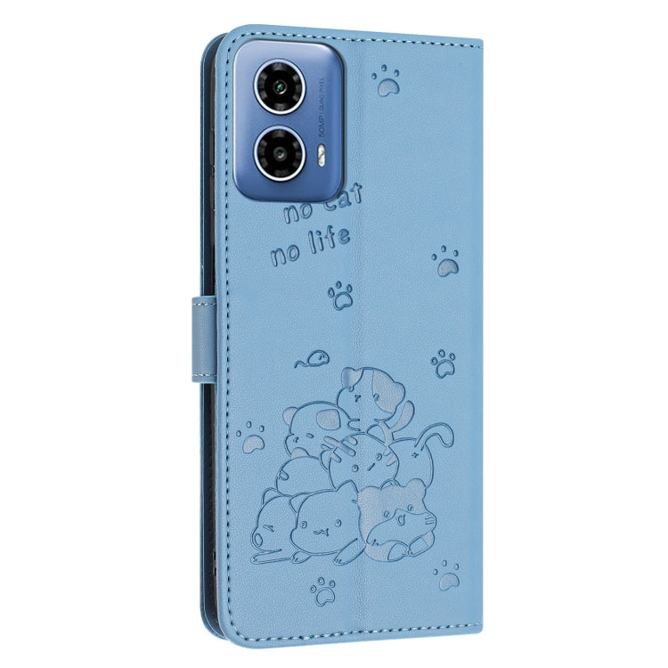 For Motorola Moto G 5G 2024 Embossed Kitten Phone Leather Case with Lanyard(Blue)
