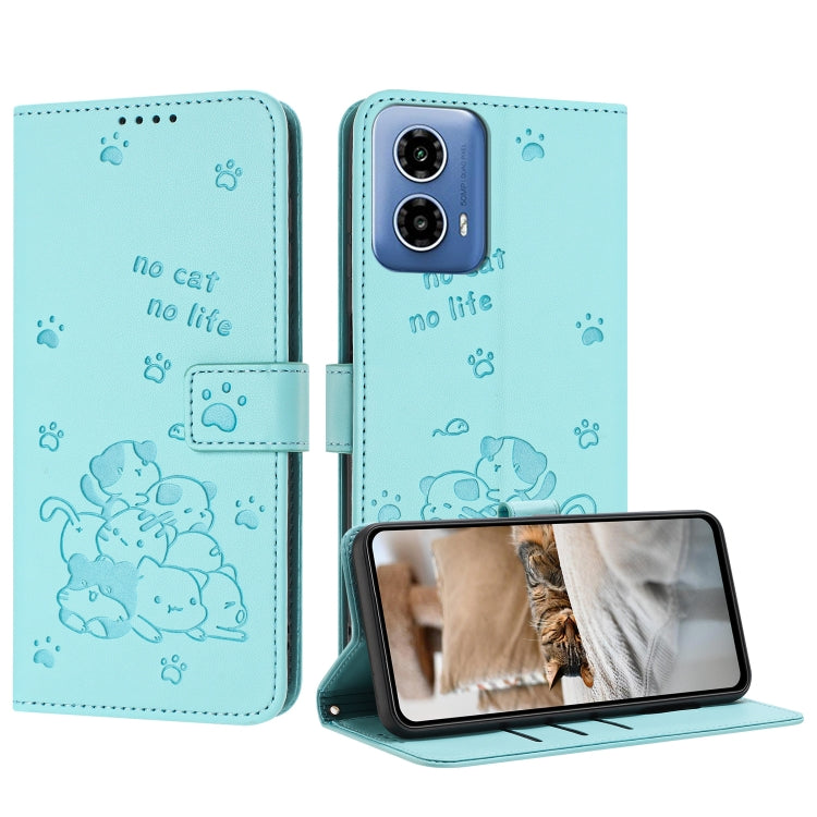 For Motorola Moto G 5G 2024 Embossed Kitten Phone Leather Case with Lanyard(Mint Green)