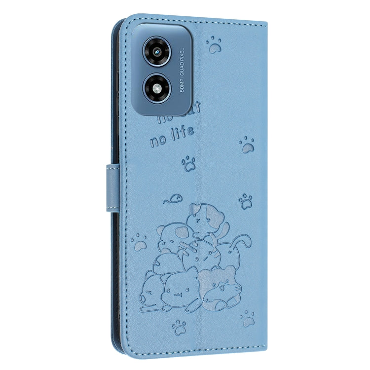 For Motorola Moto G Play 4G 2024 Embossed Kitten Phone Leather Case with Lanyard(Blue)