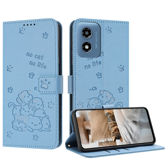 For Motorola Moto G Play 4G 2024 Embossed Kitten Phone Leather Case with Lanyard(Blue)