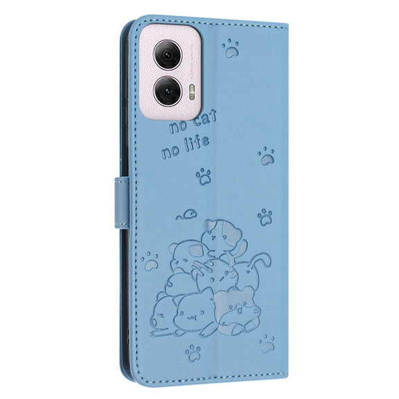 For Motorola Moto G Power 5G 2024 Embossed Kitten Phone Leather Case with Lanyard(Blue)