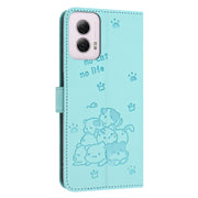 For Motorola Moto G Power 5G 2024 Embossed Kitten Phone Leather Case with Lanyard(Mint Green)