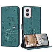 For Motorola Moto G Power 5G 2024 Embossed Kitten Phone Leather Case with Lanyard(Dark Green)