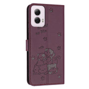 For Motorola Moto G Power 5G 2024 Embossed Kitten Phone Leather Case with Lanyard(Wine Red)