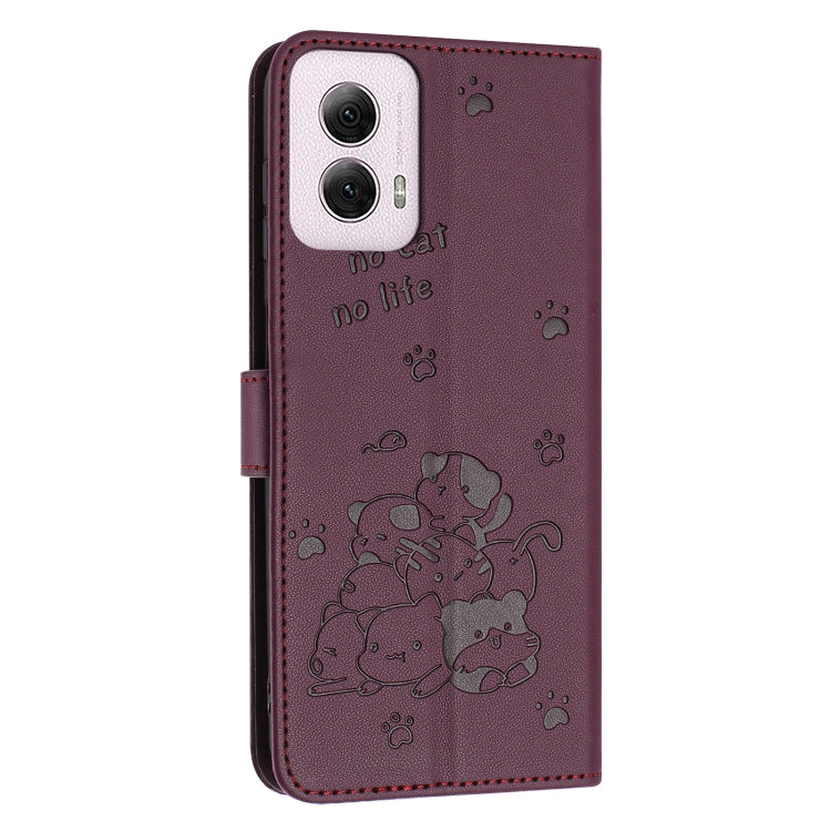 For Motorola Moto G Power 5G 2024 Embossed Kitten Phone Leather Case with Lanyard(Wine Red)