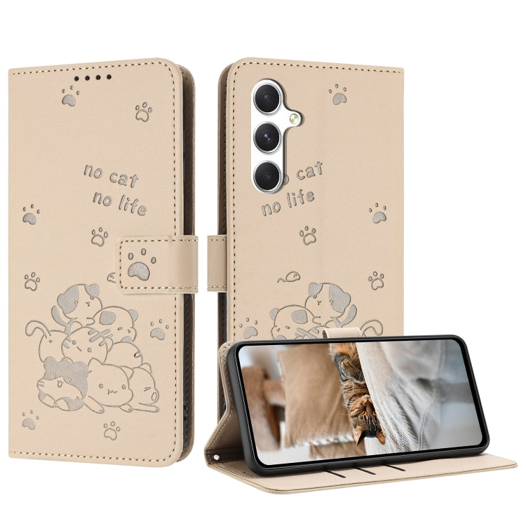 For Samsung Galaxy S25+ / S24+ 5G Embossed Kitten Phone Leather Case with Lanyard(Beige)