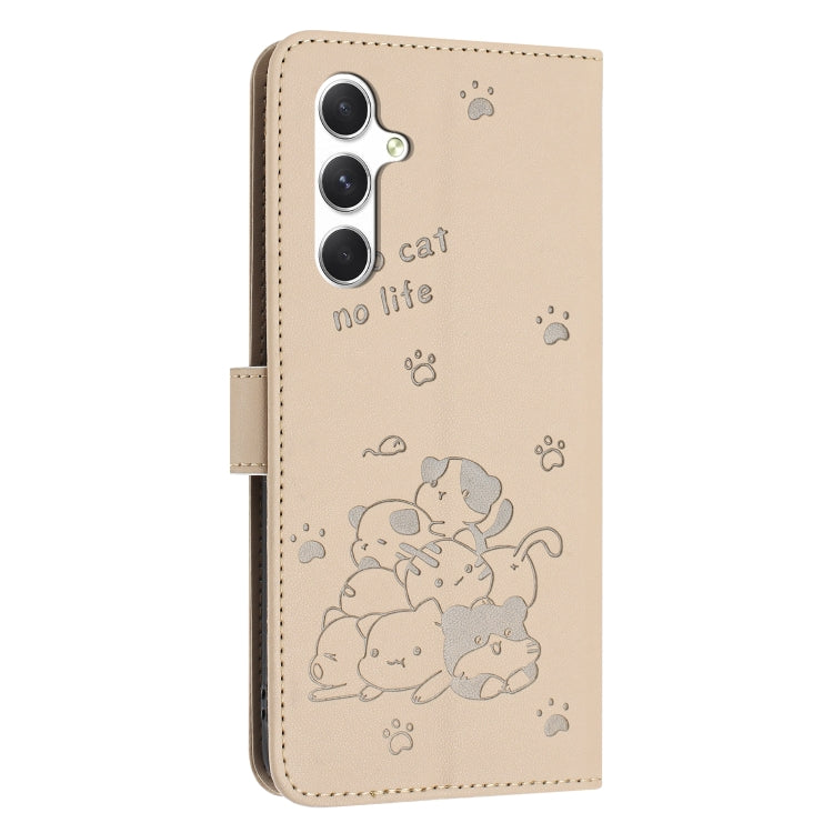 For Samsung Galaxy S25+ / S24+ 5G Embossed Kitten Phone Leather Case with Lanyard(Beige)