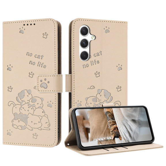 For Samsung Galaxy S25+ / S24+ 5G Embossed Kitten Phone Leather Case with Lanyard(Beige)