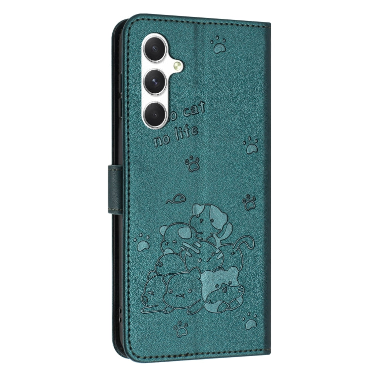 For Samsung Galaxy S25+ / S24+ 5G Embossed Kitten Phone Leather Case with Lanyard(Dark Green)