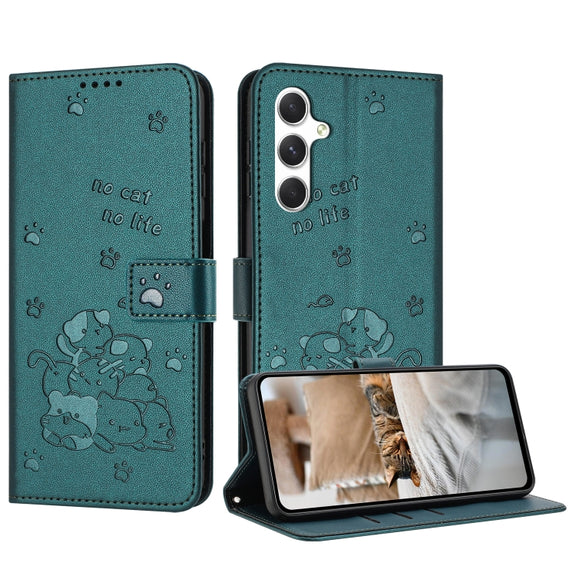 For Samsung Galaxy S25+ / S24+ 5G Embossed Kitten Phone Leather Case with Lanyard(Dark Green)