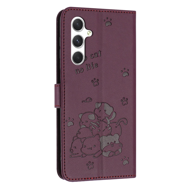 For Samsung Galaxy S25+ / S24+ 5G Embossed Kitten Phone Leather Case with Lanyard(Wine Red)