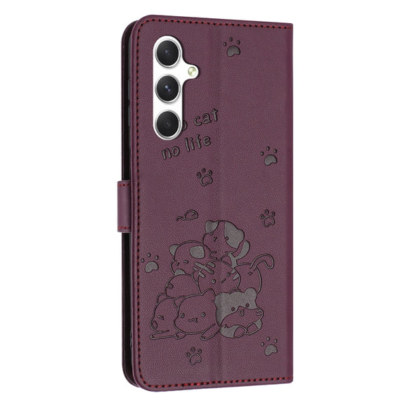 For Samsung Galaxy S25+ / S24+ 5G Embossed Kitten Phone Leather Case with Lanyard(Wine Red)