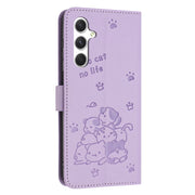 For Samsung Galaxy S25 / S24 5G Embossed Kitten Phone Leather Case with Lanyard(Purple)