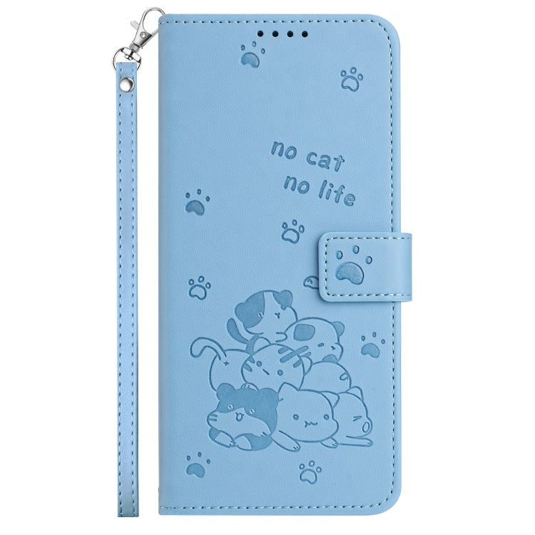 For Samsung Galaxy S25 / S24 5G Embossed Kitten Phone Leather Case with Lanyard(Blue)