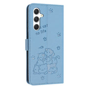 For Samsung Galaxy S25 / S24 5G Embossed Kitten Phone Leather Case with Lanyard(Blue)