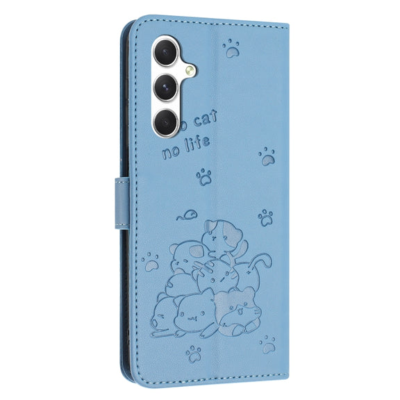For Samsung Galaxy S25 / S24 5G Embossed Kitten Phone Leather Case with Lanyard(Blue)