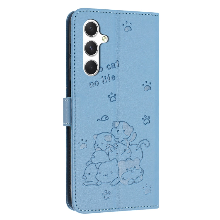 For Samsung Galaxy S25 / S24 5G Embossed Kitten Phone Leather Case with Lanyard(Blue)