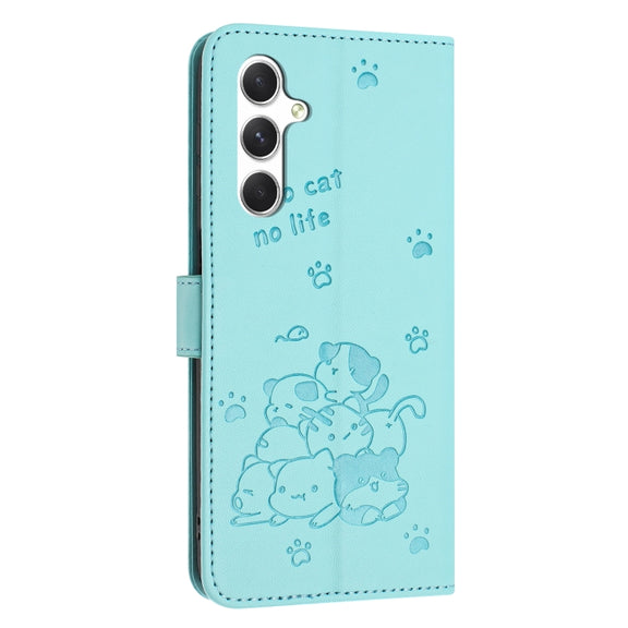 For Samsung Galaxy S25 / S24 5G Embossed Kitten Phone Leather Case with Lanyard(Mint Green)