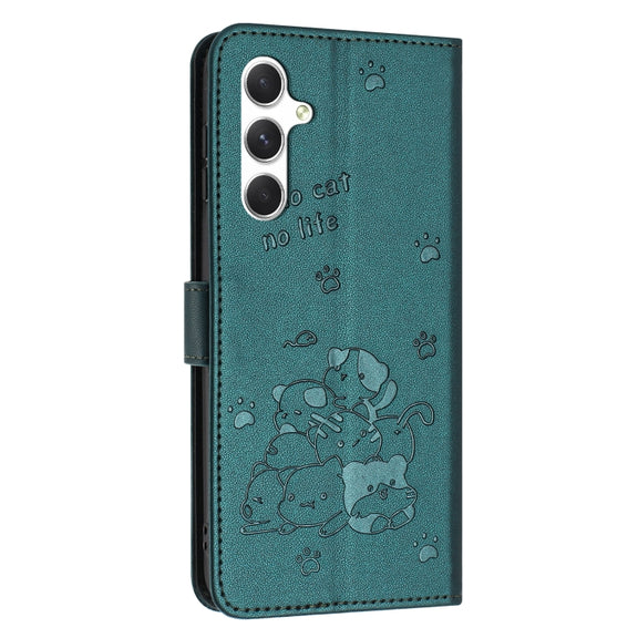 For Samsung Galaxy S25 / S24 5G Embossed Kitten Phone Leather Case with Lanyard(Dark Green)