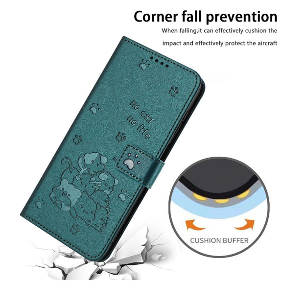 For Samsung Galaxy S25 / S24 5G Embossed Kitten Phone Leather Case with Lanyard(Dark Green)