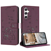 For Samsung Galaxy S25 / S24 5G Embossed Kitten Phone Leather Case with Lanyard(Wine Red)