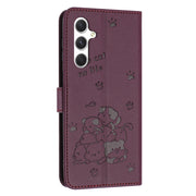 For Samsung Galaxy S25 / S24 5G Embossed Kitten Phone Leather Case with Lanyard(Wine Red)
