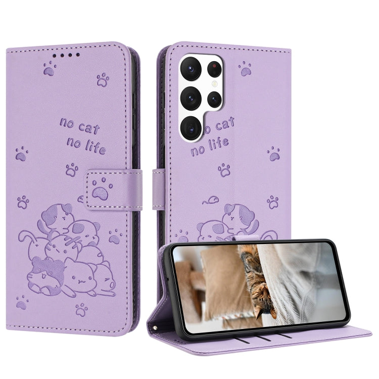 For Samsung Galaxy S25 Ultra 5G Embossed Kitten Phone Leather Case with Lanyard(Purple)