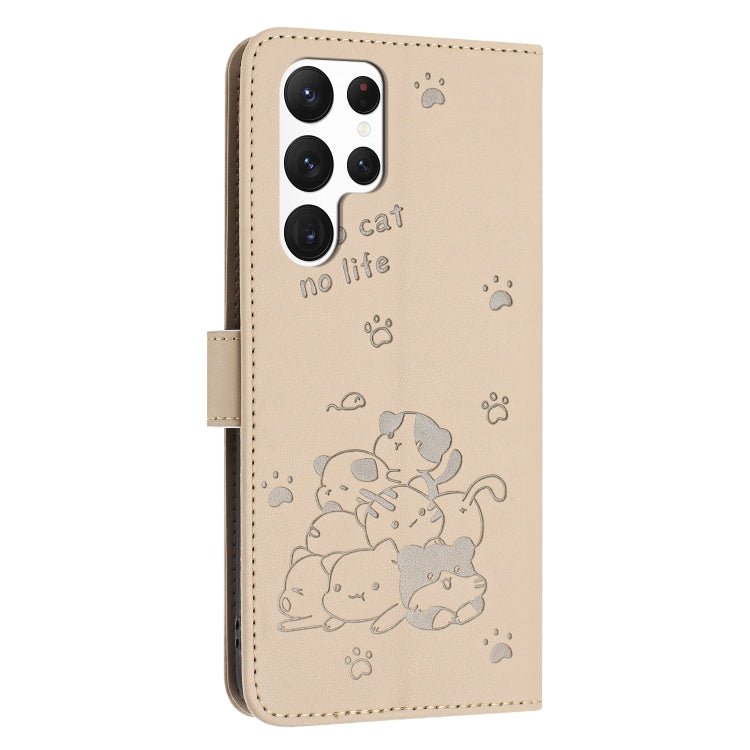For Samsung Galaxy S25 Ultra 5G Embossed Kitten Phone Leather Case with Lanyard(Beige)