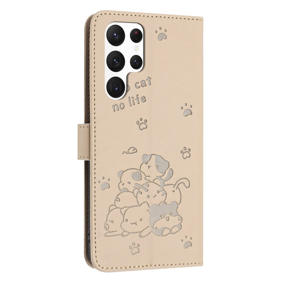 For Samsung Galaxy S25 Ultra 5G Embossed Kitten Phone Leather Case with Lanyard(Beige)