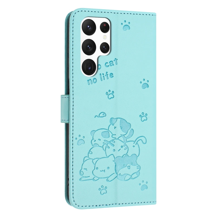 For Samsung Galaxy S25 Ultra 5G Embossed Kitten Phone Leather Case with Lanyard(Mint Green)